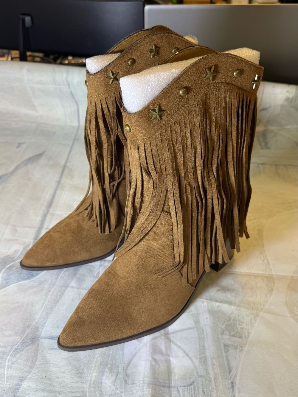 NEWBELLA Cowboy Fringe Wide Mid Calf Boots for Women- Size 8.5 Brown